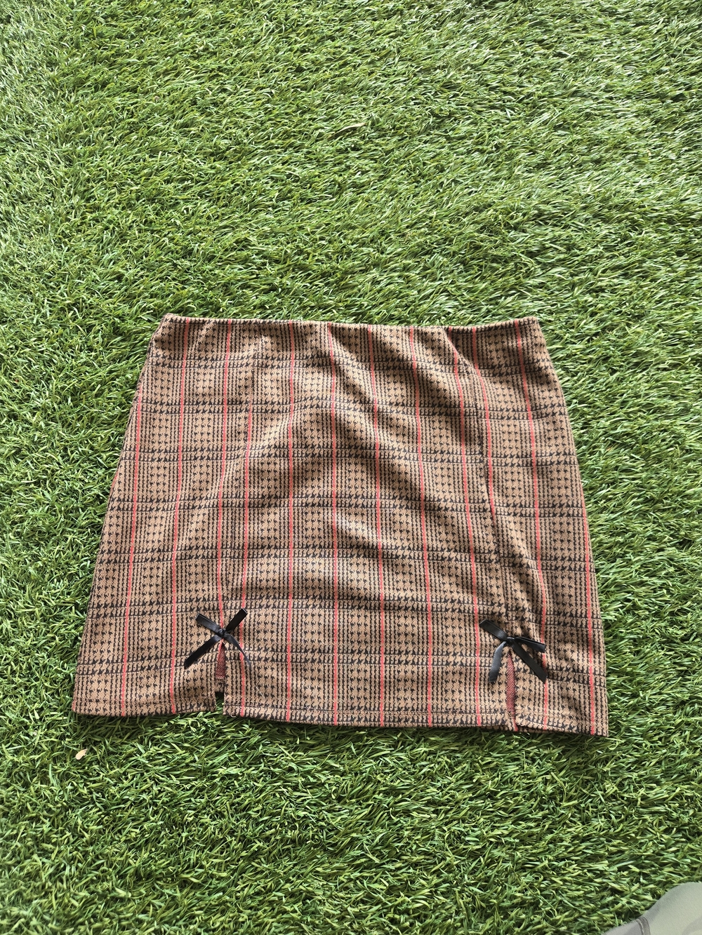 Plaid Mini Skirt with Ribbon Accents - Brown